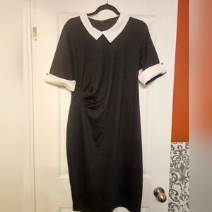 Retro Knee Length Bodycon Black Dress with White Collar and Cuffs